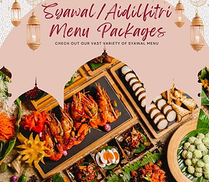 A vibrant Syawal buffet spread featuring traditional Malay dishes like Ketupat, Rendang, and Lemang arranged on a long table 